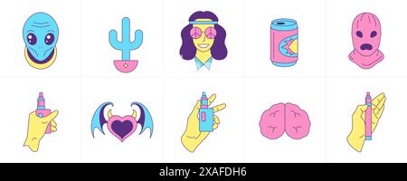 Trendy psychedelic weird surreal contoured icon groovy style set vector flat illustration. UFO alien woman hippie cactus soda can monster mask electro Stock Vector