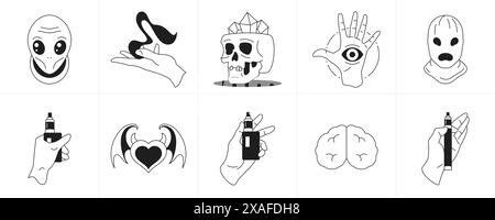 Psychedelic trendy monochrome line cartoon characters groovy style icon set vector illustration. Surreal minimal retro elements alien head hand skull Stock Vector