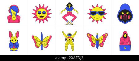 Funky pop art cartoon characters trendy sticker surreal elements groovy style icon set vector flat illustration. Psychedelic funny summer sun woman mu Stock Vector