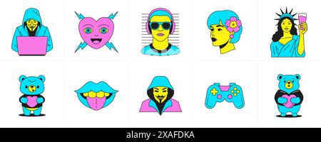 Psychedelic surreal trendy cartoon characters funny comic elements groovy icon set vector flat illustration. Funky contoured symbols hacker heart musi Stock Vector