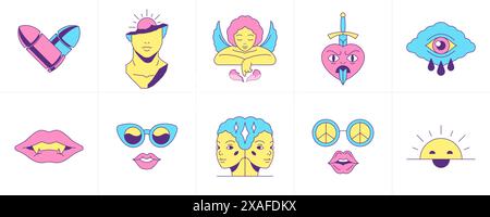 Surreal psychedelic trendy groovy icon funny cartoon emoji set contoured vector flat illustration. Comic weird sticker bullet cracked sculpture angel Stock Vector