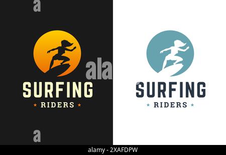 Surfing riders extreme sport woman on surfboard t shirt print vintage poster design set vector flat illustration. Active female silhouette surf on wav Stock Vector