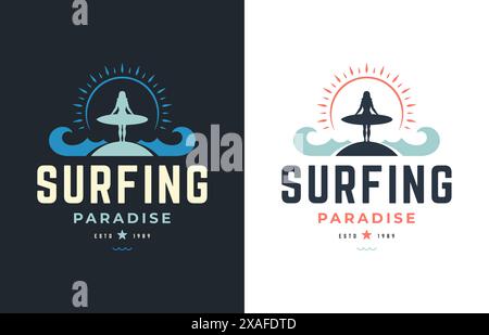 Surfing paradise woman surfer with surfboard and bright sun ocean wave vintage t shirt print poster set vector flat illustration. Female tropical beac Stock Vector