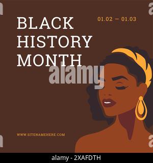 African boho beauty woman portrait black history month social media post template vector flat illustration. Afro fashion female in golden jewelry June Stock Vector