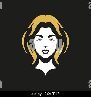 Young blonde woman portrait beauty face golden hair minimalist silhouette logo vector flat illustration. Beautiful female head fashion icon for makeup Stock Vector