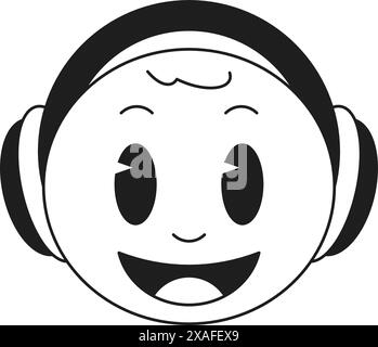 Y2k happy smiley emoticon in headphones music disco cartoon character monochrome line retro groovy icon vector illustration. Smiling emoji in earphone Stock Vector