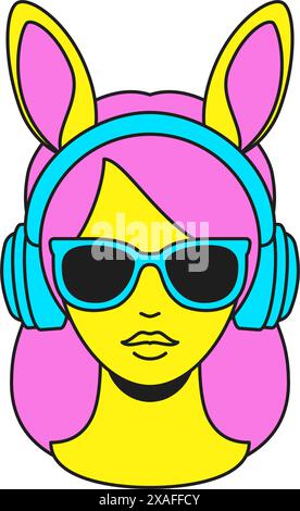 Y2k psychedelic woman with bunny ears headphones and sunglasses ...