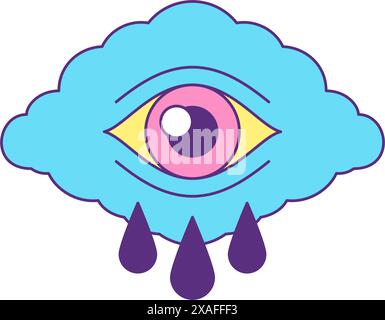 Cute cartoon groovy cloud, eye sticker vector seamless pattern. Hippie ...