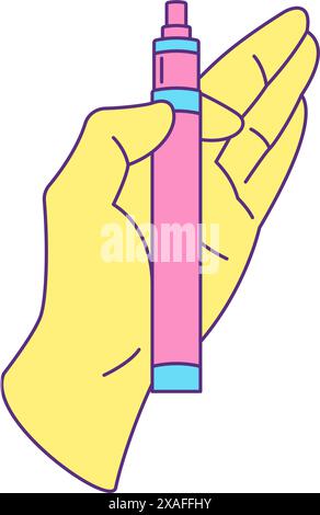 Y2k human hand holding electronic cigarette smoke device groovy style icon vector flat illustration. Arm with contemporary vape smoking technology air Stock Vector