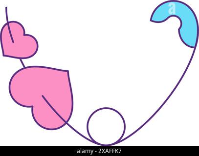 Pin with two hearts love Valentine's Day feeling fix groovy cartoon style contour icon vector illustration. Cute romantic attached symbol of enamored Stock Vector