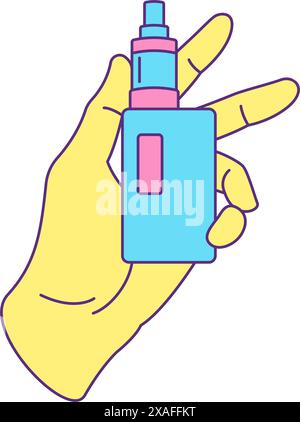 Hand with vape smoking addiction device y2k groovy style icon vector flat illustration. Human arm holding smoke gas electronic cigarette trendy contem Stock Vector