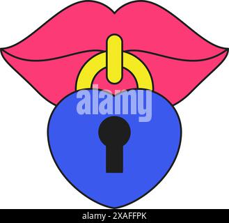 Y2k woman lips with hanged lock silence monochrome line retro groovy ...