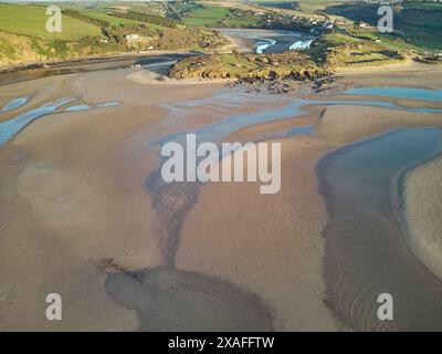 An aerial view over sandbanks in the mouth of the River Avon, seen at low tide, near Bigbury, south coast of Devon, Great Britain. Stock Photo