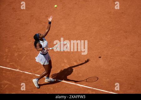 Coco Gauff of United States serves against Iga Swiatek of Poland during the Women's Singles Semi-Final match on Day 12 at Roland Garros on June 06, 2024 in Paris, France. (Photo by QSP) Stock Photo