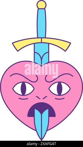 Y2k angry heart with sword sharp weapon monochrome line groovy icon ...