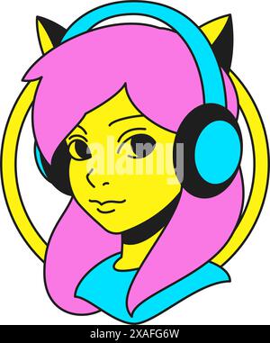 Y2k fox wolf animal teen woman in headphones DJ gamer groovy style icon vector flat illustration. Psychedelic female face in earphones contemporary ca Stock Vector