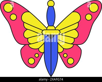 Beautiful butterfly with sword knife trendy sticker cartoon element y2k groovy icon vector flat illustration. Winged insect with sharp weapon decorati Stock Vector