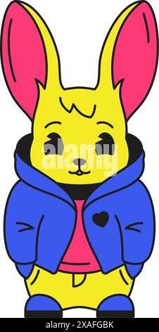 Y2k cute funny rabbit in jacket streetwear cartoon character groovy style icon vector flat illustration. Comic bunny hare with long ears trendy contem Stock Vector
