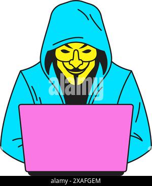 Y2k male hacker cyber crime attack working on laptop groovy style icon vector flat illustration. Man in hood cyberspace web security virus fraud threa Stock Vector