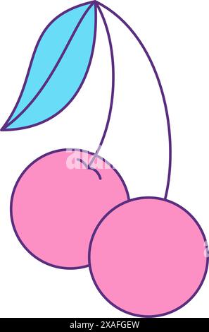 Y2k two cherry berry with stem and leaf cartoon element groovy style icon vector flat illustration. Pink berries branch fresh ripe fruit edible plant Stock Vector
