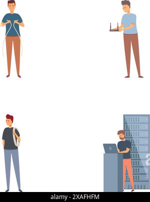 Upkeeping server icons set cartoon vector. Sysadmin adjusting network connection. Service maintenance Stock Vector
