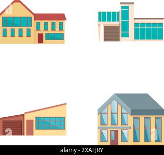 House building icons set cartoon vector. Residential urban or suburban house. Exterior, architecture Stock Vector