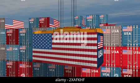 USA export production and import containers cargo crane. Business concept of transport, loading and shipping with a American flag illustration. Stock Photo