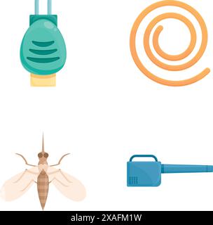 Vector icons depicting tools used in pest control including insecticide, hose, moth, and sprayer Stock Vector
