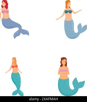 Collection of four mermaids with different hair and tail colors, isolated on white Stock Vector