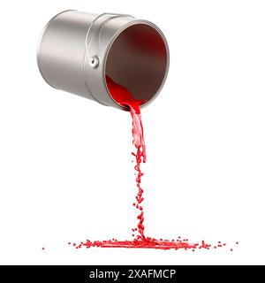 Red paint splashing out of can, 3D rendering isolated on white background Stock Photo