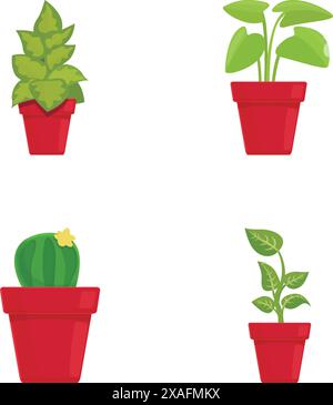 Set of four different potted plants including a cactus and leafy greens, isolated on a white background Stock Vector