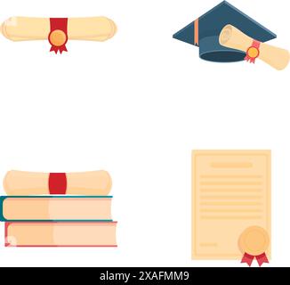 Vector icons representing graduation with diplomas, cap, and academic books Stock Vector