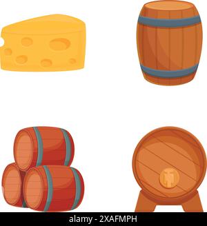 Vector icons featuring a wedge of cheese and wooden barrels, perfect for food and storage themes Stock Vector