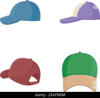 Set of various colored baseball caps in a flat design, isolated on white background Stock Vector