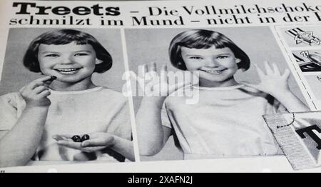 Viersen, Germany - May 9. 2024: Old retro german magazine Treets  peanuts coated in milk chocolate from 1963 Stock Photo