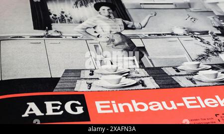 Viersen, Germany - May 9. 2024: Old retro german magazine AEG kitchens built-in electrical appliances from 1964 Stock Photo