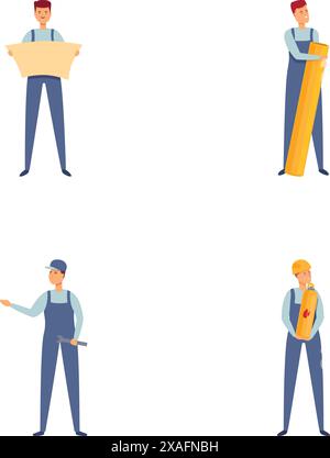 Vector illustrations of architects holding blueprints, standing, and gesturing, isolated on white Stock Vector