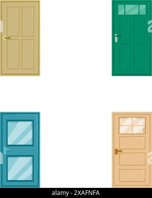 Collection of four different door designs, showcasing various styles and colors isolated on a white background Stock Vector