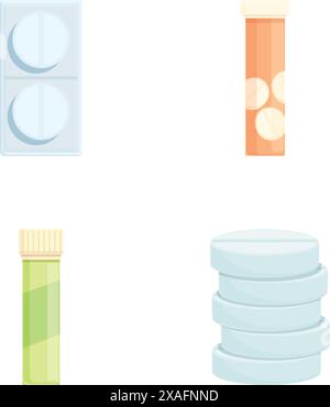 Illustration set featuring different styles of cartoon pill bottles and medication packaging Stock Vector
