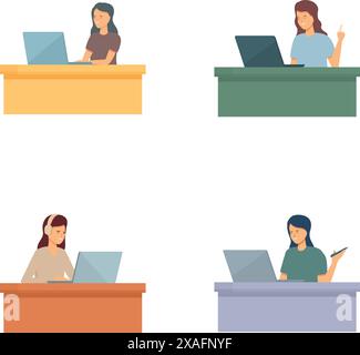 Illustrations featuring four women engaged in various tasks at work desks with laptops Stock Vector