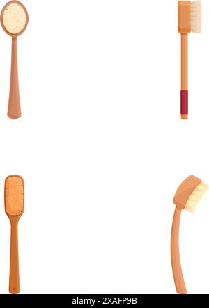 Collection of four different types of wooden brushes, isolated on a white backdrop Stock Vector