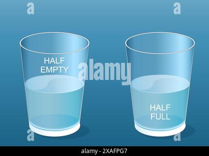 Two glasses. Half empty or half full. Glass of water. Flat vector illustration. Stock Vector