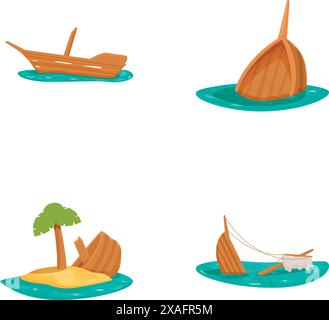 Collection of four cartoon illustrations featuring tropical islands with different sailboat designs Stock Vector