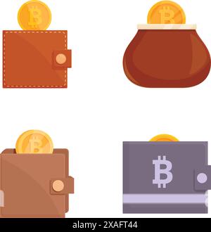 Modern cryptocurrency wallet icons set for secure digital currency storage and online payment options. Featuring bitcoin and other virtual funds Stock Vector