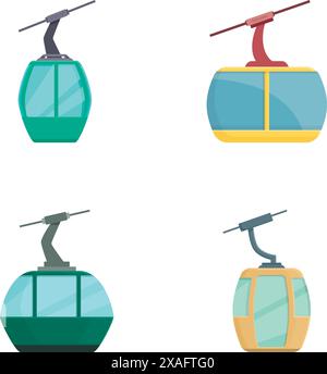 Set of four colorful cable car gondolas in a flat design style, isolated on white background Stock Vector