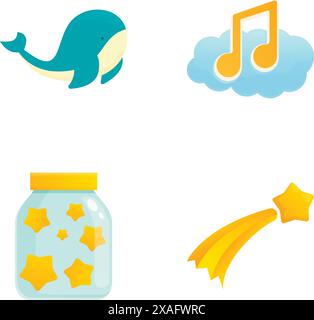 Cheerful and playful cute cartoon elements collection with colorful icons of animals. Nature. And magical fantasy. Including whimsical illustrations of a cheerful whale. Musical notes. Starry sky Stock Vector