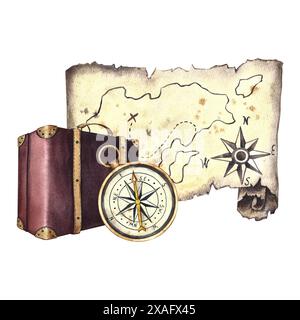 Travel and adventures. A vintage suitcase and an antique treasure map. Watercolor illustration made by hand in retro style. Highlight it. For banners, Stock Photo