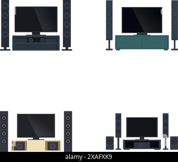 Set of four vector illustrations of home theater systems with various speaker setups Stock Vector