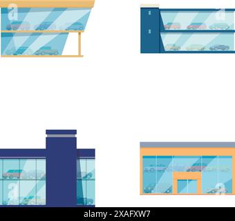 Modern commercial building set with vector illustrations of contemporary architecture. Office premises. Retail storefronts. And corporate spaces in a detailed cityscape Stock Vector