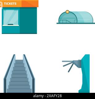 Collection of colorful public transport icons, including tickets, metro, stairs, and turnstile Stock Vector